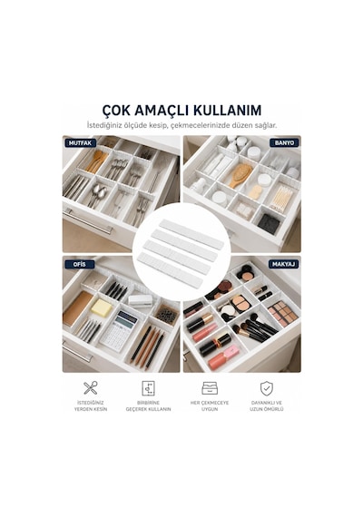 4'lü Çekmece İçi Düzenleyici 10x40 Cm Custom Organizer İsteğe Göre Kesilebilir Dolap Çekmece İçi Makyaj Çata Diğer