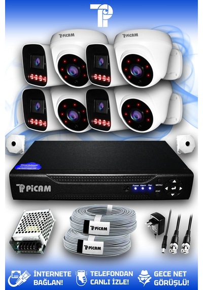 Picam 8 Kameralı Zebra 4 İç Kamera Set Hdd'siz 5 Mp 2k Net Gece Görüşlü Güvenlik Kamerası Sistemi