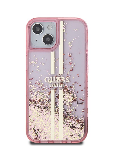 Apple Uyumlu iPhone 14 Kılıf Guess Lisanslı Transparan Sıvılı Simli Altın Çizgili Kapak Pembe