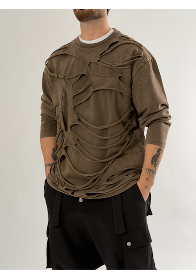 Cocopelli Street Yıkamalı Kahverengi Tasarım Erkek Sweatshirt Coc2648 Kahverengi