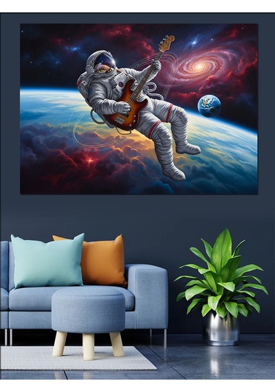 Uzayda Gitar Çalan Astronot Tablo Dekoratif Kanvas - Mdf Ahşap Tablo