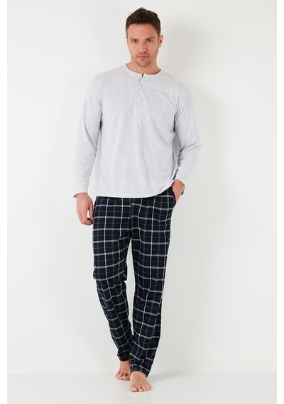 Buratti Ekoseli Pamuklu Beli Lastikli Regular Fit Uzun Kollu Erkek Pijama Takımı 6572003 Gri Melanj