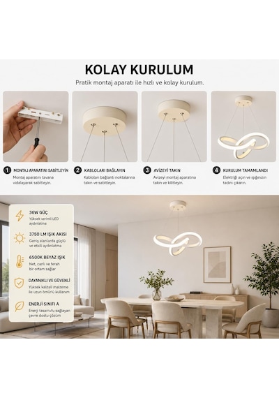 Aura Beyaz Ultrapower Led Avize, Modern Sarkıt Tasarım, Alüminyum Gövde, 6500k Beyaz Işık, 36w, 25 Cm Çap, Ayarla Çok Renkli