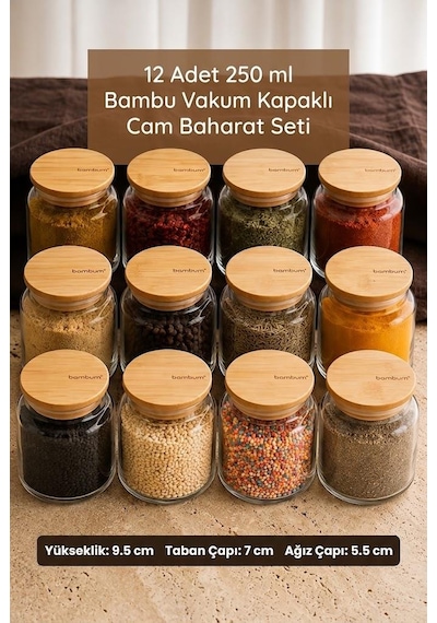 Zone 12'li Cam Baharatlık Seti 250 Ml - Bambu Vakum Kapaklı Mutfak Erzak Saklama Kabı Ve Baharat Takımı Ahşap - Şeffaf