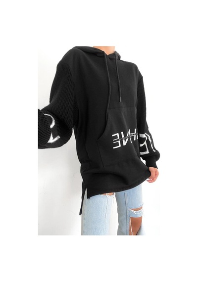 Femelle Siyah Beyaz Shine Yazılı Kollar Örme Triko Detaylı Kanguru Cepli Kapüşonlu Kadın Sweatshirt Hoodie Femelle Siyah Beyaz Shine Yazılı Kollar Örme Triko Detaylı Kanguru Cepli Kapüşonlu Kadın Sweatshirt Hoodie