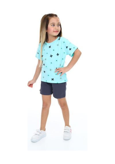 Toontoy Kids Toontoy Kız Çocuk Garni Komple Çiçek Baskılı Şortlu Takım Su Yeşili