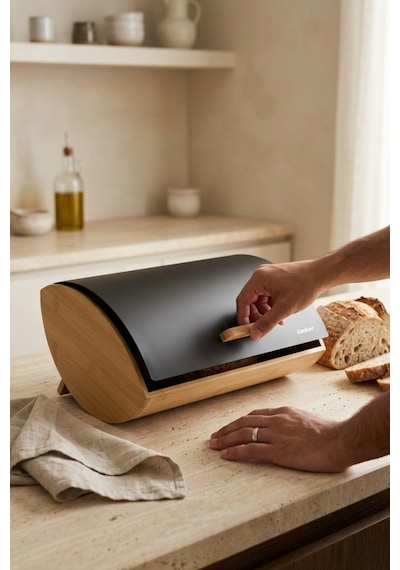 Cooker Novella Metal Kapaklı Bambu Ekmek Kutusu Ckr4543 Siyah