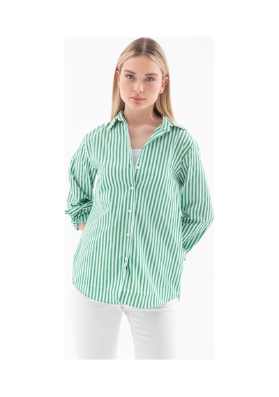 Fashion Friends Oversize Kadın Çizgili Gömlek Yeşil