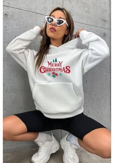 Primemagazam Yılbaşı Merry Christmas Baskılı Oversize Kapüşonlu Sweatshirt Hoodie - Beyaz Çeşitli