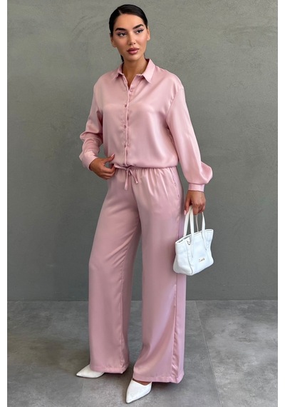 Madmext Pembe Saten Gömlek Pantolon Takım Mg2745