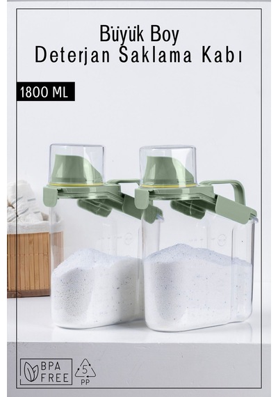 2 Adet Contalı Sızdırmaz Deterjan Saklama Kabı / 1800 Ml / Yeşil Yeşil