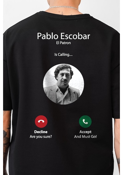 King-Brich Oversize Kalıp Pablo Escobar İs Calling Baskılı Unisex Tişört Siyah