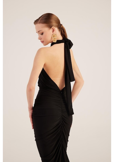 Holly Lolly Drape Detaylı Sırtı Açık Yırtmaçlı Uzun Marie Elbise Siyah