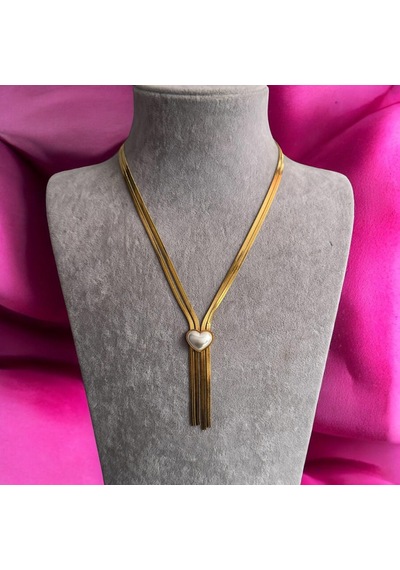 Kırmızı Sanat Evi İkili Gold Çelik Zincirli Şık Kalp Uçlu Kolye