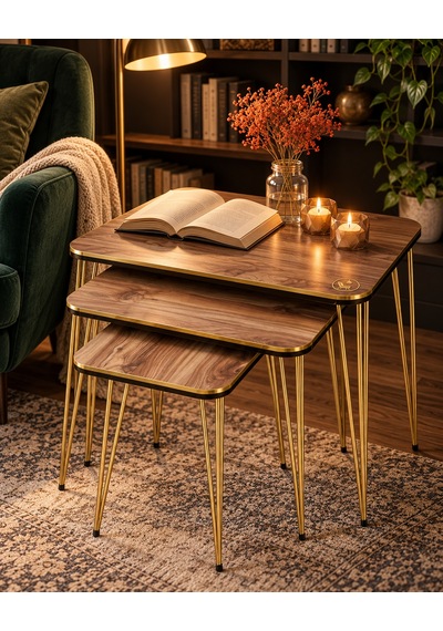 Odera Ceviz Detaylı Zigon Sehpa 3'lü Set Metal Ayaklı Modern Retro Salon Sehpası Diğer