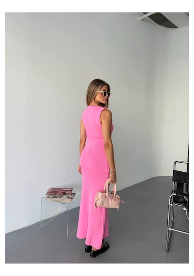 Kechi Woman Gold Aksesuarlı Etekli Triko Takım Pembe