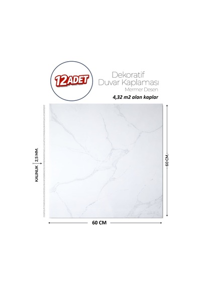 60x60 Cm Kendinden Yapışkanlı Duvar,banyo,tezgah Arası Beyaz Mermer-12 Adet 1015-60-12