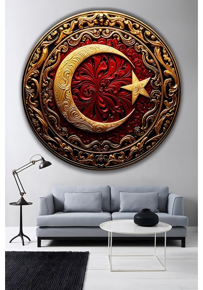 Ay Yıldız Gold Kırmızı Yuvarlak Temperli Dekoratif Cam Tablo Türk Bayrağı Temalı Lüks Duvar Dekoru Türk Bayrağı Temalı Dekoratif Duvar Tablosu, Ev, Ofis Ve Özel Gün Dekoru, 60x60 Cm