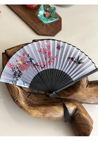 Bambu İpek Şık Japon Yelpaze - Siyah Kırmızı Gri Renk Çiçekli