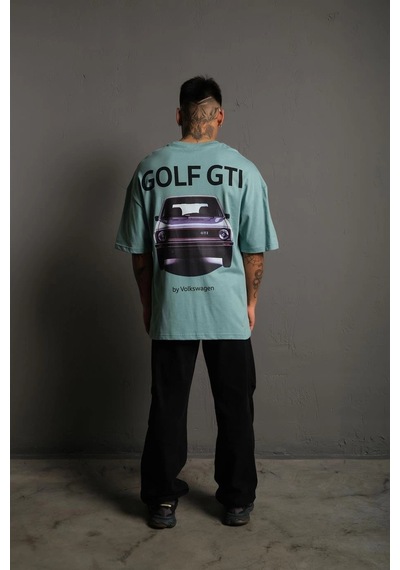 Barlashive Erkek Oversize Tişört Golf Gtı Retro Araba Baskılı T-shirt - Mint Yeşili Çok Renkli
