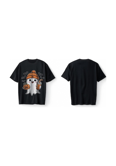 Bumeta Sevimli Hayalet Baskılı Cadılar Bayramı Halloween Oversize Unisex Tişört T-shirt Siyah