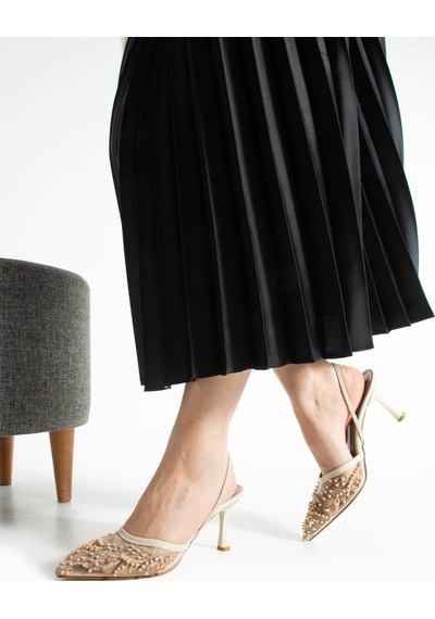 Lebibe Shoes Meggıe Kadın Bej Sivri Burun 7 Cm Topuklu Tül Üzerine İnci İşlemeli Slingback Ayakkabı
