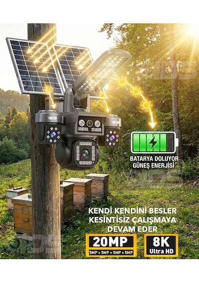 20mp 8k 4 Kamera 1 Otomatik 100gb İnternet Ve 128gb Sd Kart Dahil 4g Solar Güneş Enerjili Kamera