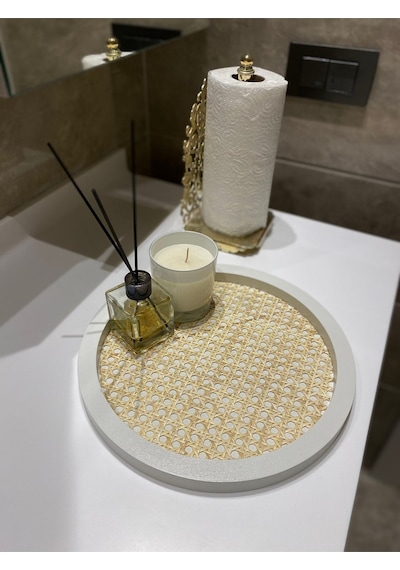 Rattan Hazeran Yuvarlak Tepsi Beyaz %100 Doğal Hazeran