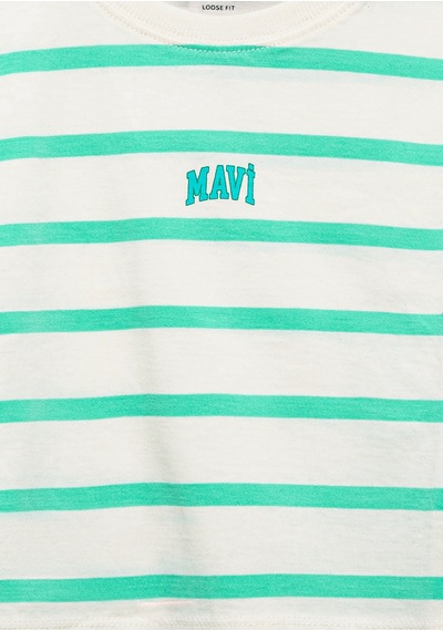 Mavi - Mavi Logo Baskılı Yeşil Çizgili Crop Tişört 7610182-88145 Yeşil