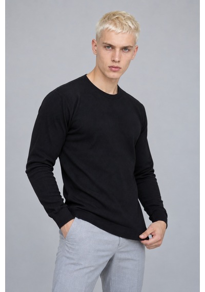 Hk Premium Erkek Fitilli Slim Fit Bisiklet Yaka Triko Kazak Siyah