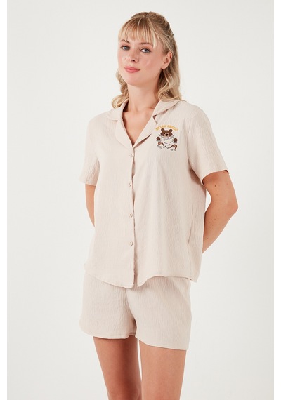 Lela Gömlek Yaka Beli Lastikli Kısa Kollu Şortlu Bayan Pijama Takımı 611Pt00065 Bej