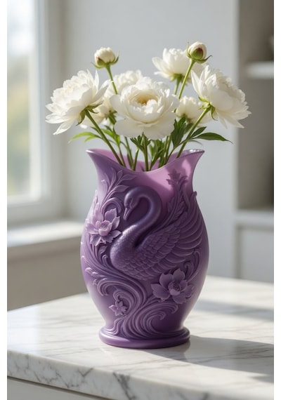 Kuğu Desenli Dekoratif Vazo 15 Cm 3d Baskılı Mat Dokulu Şık Masa Ve Raf Dekoru Mor