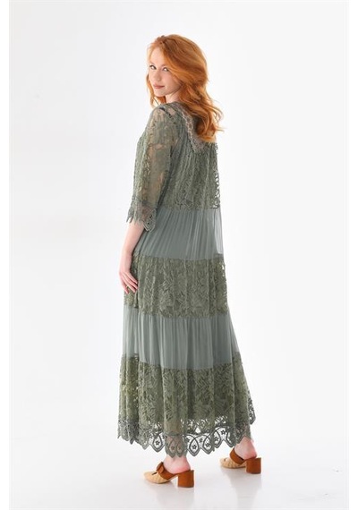 Eren Style İtalyan Sunshine İpek Detaylı Dantelli Elbise-9033 Haki