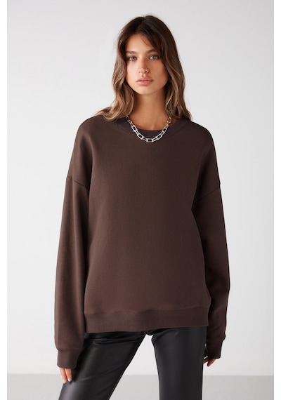 Grimelange VANELTINA  Kadın Organik Pamuklu Yumuşacık İçi Polarlı Yuvarlak yakalı Kahverengi Sweatshirt