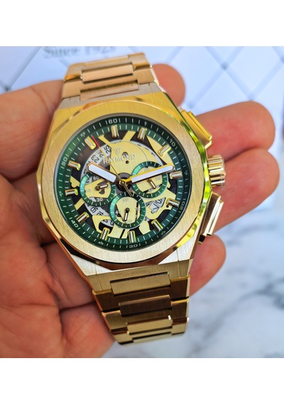 Raymond Gold Yeşil Detaylı Premium Çelik Erkek Kol Saati Altın