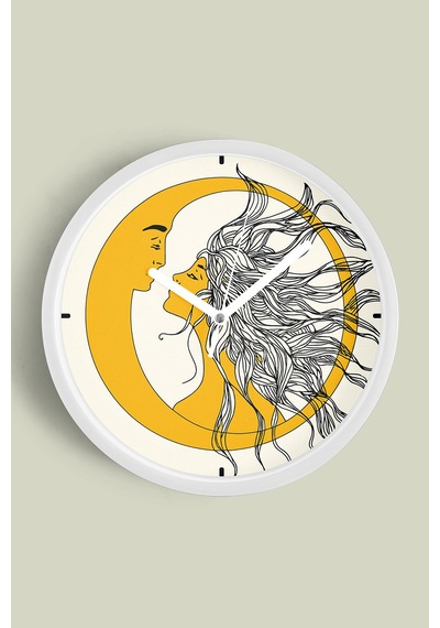 Güneş Ve Ay Aşıklar Desenli Modern Duvar Saati - 35cm - Önü Camlı Beyaz Kasa - Sessiz Mekanizma Beyaz