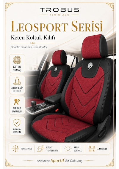 Renault Fluence 2010 Sonrası Uyumlu Leosport Serisi Kırmızı Siyah Ortopedik Keten Koltuk Kılıfı