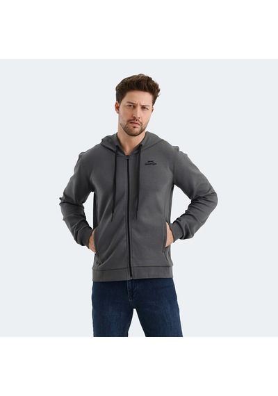Slazenger VENDA Erkek Fermuarlı Kapüşonlu Cepli Koyu Gri Sweatshirt