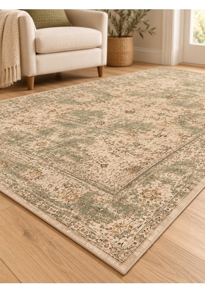 Vintage Eskitme Desenli Yeşil Dijital Baskı Halı, Modern Salon Ve Yemek Odası Halısı Çok Renkli