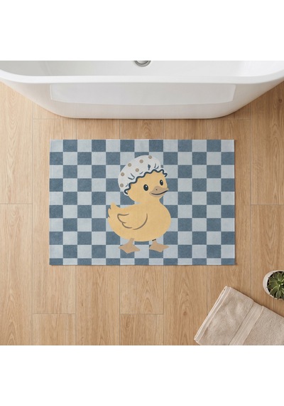 Kartela Halı Pastel Dama Ördekli Banyo Paspası Mavi Kaymaz Taban Makinede Yıkanabilir 50x75 Cm