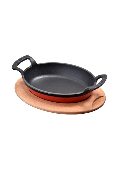 Lava Döküm Oval Sahan Döküm Demir Yekpare Çift Kulplu Kayın Servis Ahşabı Ölçü 19x14cm. - Kırmızı
