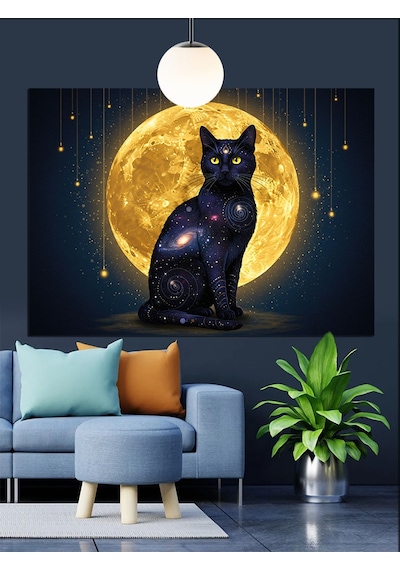 Siyah Kedi Dolunay Işığı Dekoratif Kanvas - Mdf Ahşap Tablo
