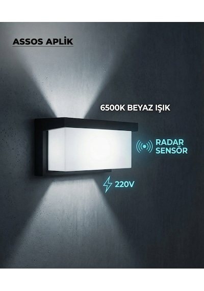 Assos Aplik Radar Sensörlü Dış Mekan Duvar Armatürü 6500k Beyaz Işık 220v Siyah
