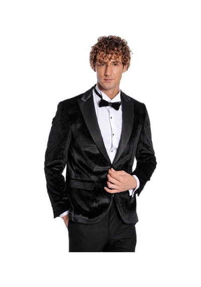 Simli Slim Fit Kadife Siyah Erkek Smokin Ceket - Wessi Siyah