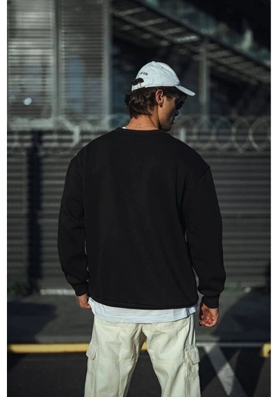Erkek Pamuklu Bisiklet Yaka 3 İplik Basic Sweatshirt - Siyah