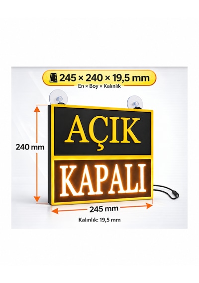 Açık Kapalı Yazılı Led Işıklı Tabela Siyah Kasa Sarı Işık
