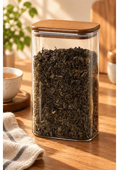 Atbyhome Ahşap Vakum Kapaklı Dikdörtgen Cam Kavanoz 1500 Ml - Çay Kahve Ve Erzak Saklama Kabı