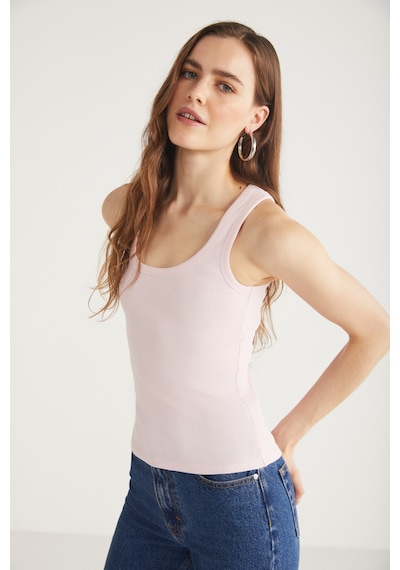 Ethıquet Lıllesol Kadın Fitilli Görünümlü Slim Fit Vücuda Oturan Havuz Yakalı Pamuklu Basic Pembe At
