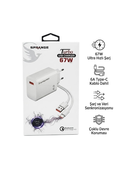 Sprange Pt-x67 67w Turbo Hızlı Şarj Cihazı + 6a Type-c Şarj Ve Data Kablosu 67w'lık