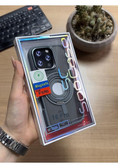 Apple iPhone Uyumlu 16 Pro Standlı Ve Yüzüklü Magsafe Kılıf Soocase721 Gri